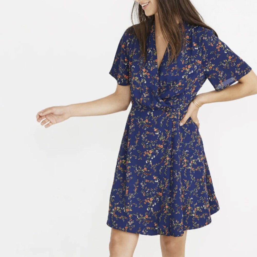 Madewell Blue Moonless Ditsy Floral Amaranth Flutter Sleeves Wrap Dress Sz 14